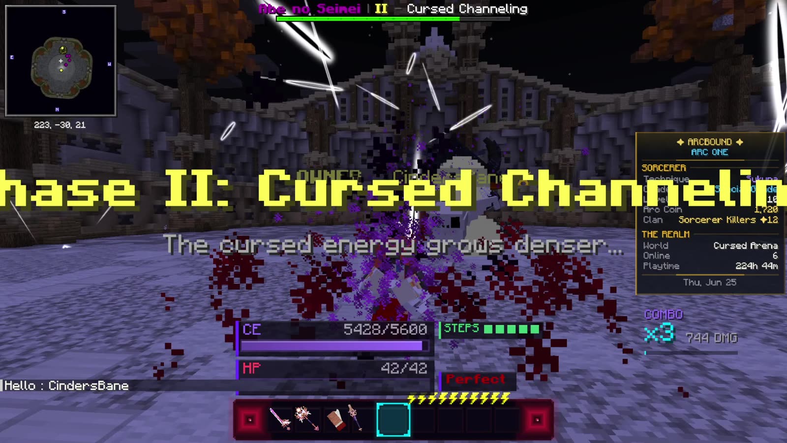 Fighting Abe no Seimei phase two, cursed energy VFX filling the arena