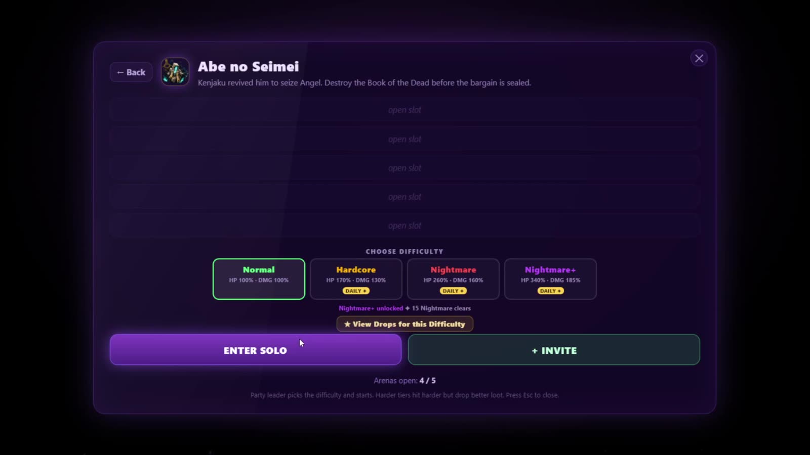 The custom raid lobby UI with difficulty selection from Normal to Nightmare+